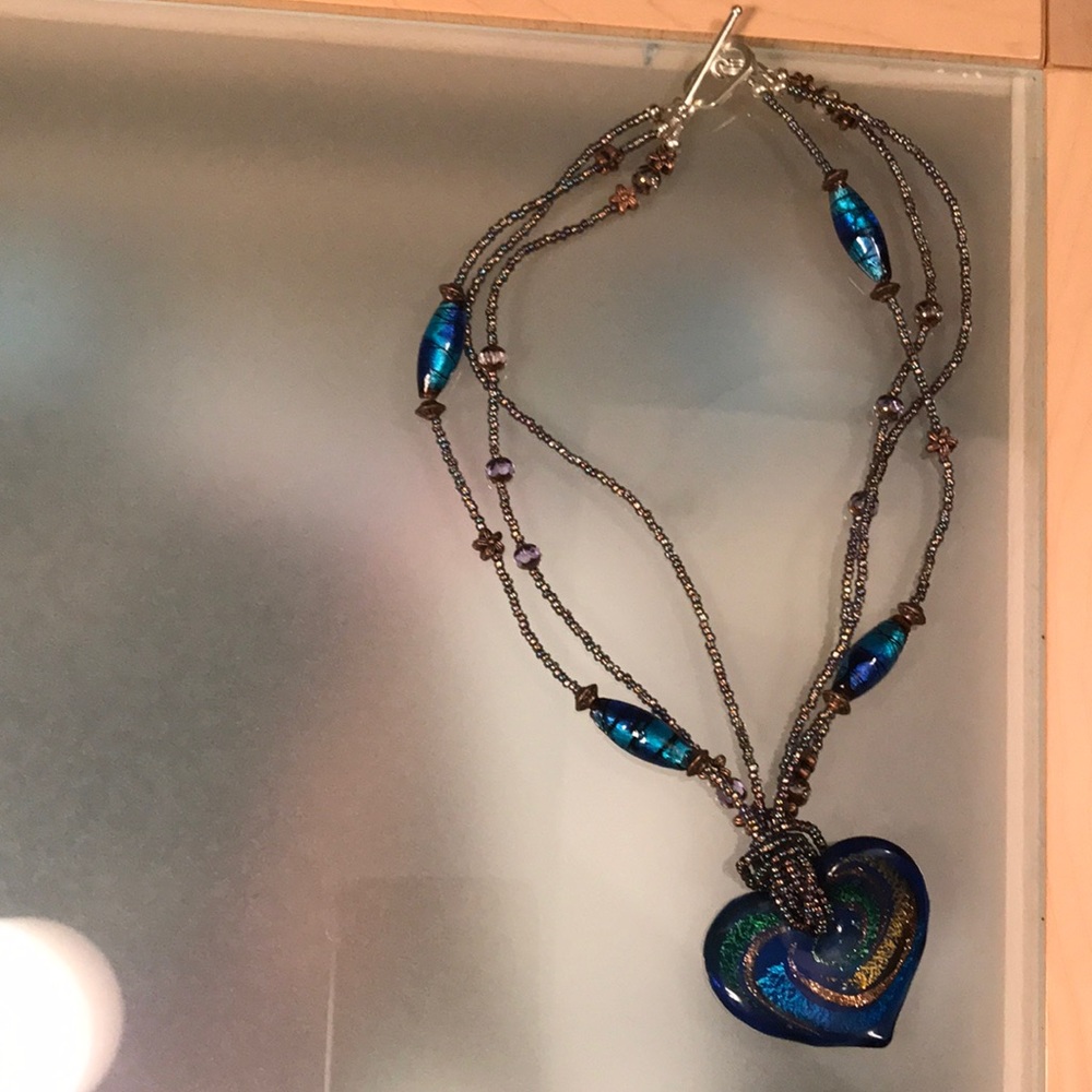 Artist made fused glass and bead 16” necklace